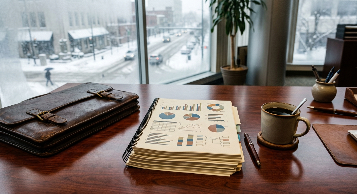 a thick stack of financial reports with bar graphs and a leather portfolio on a polished mahogany desk in a corporate office, a cup of black coffee nearby, a fr