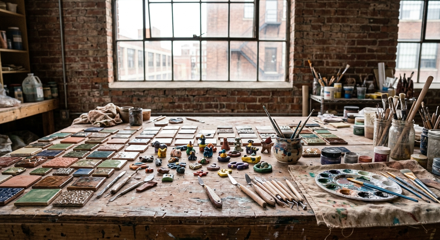 a well-worn wooden workbench in an industrial brick-walled artist studio, covered with scattered handmade ceramic tiles in various earthy tones and small, color