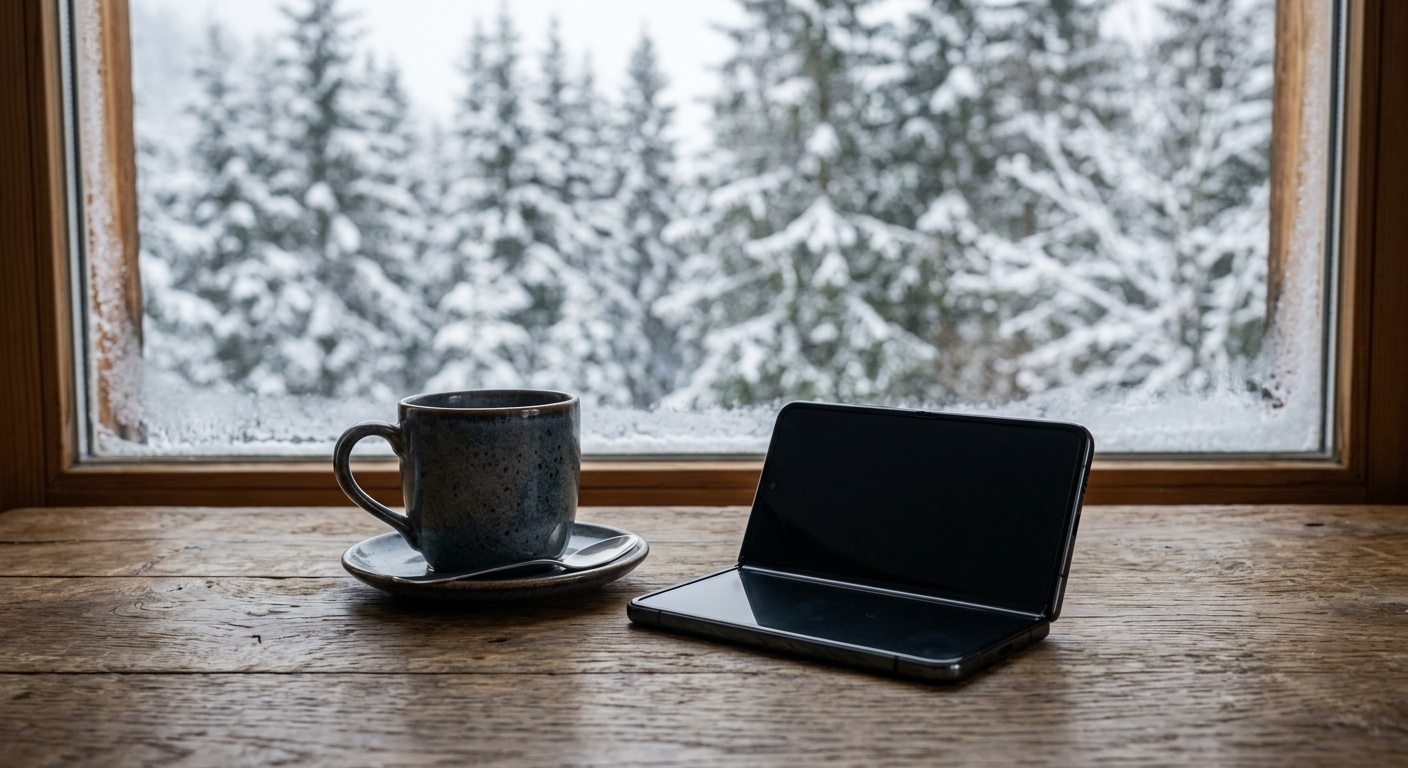 a modern, unbranded foldable smartphone resting half-open on a rustic wooden desk next to a ceramic coffee mug, with a blurred view of snow-covered pine trees t