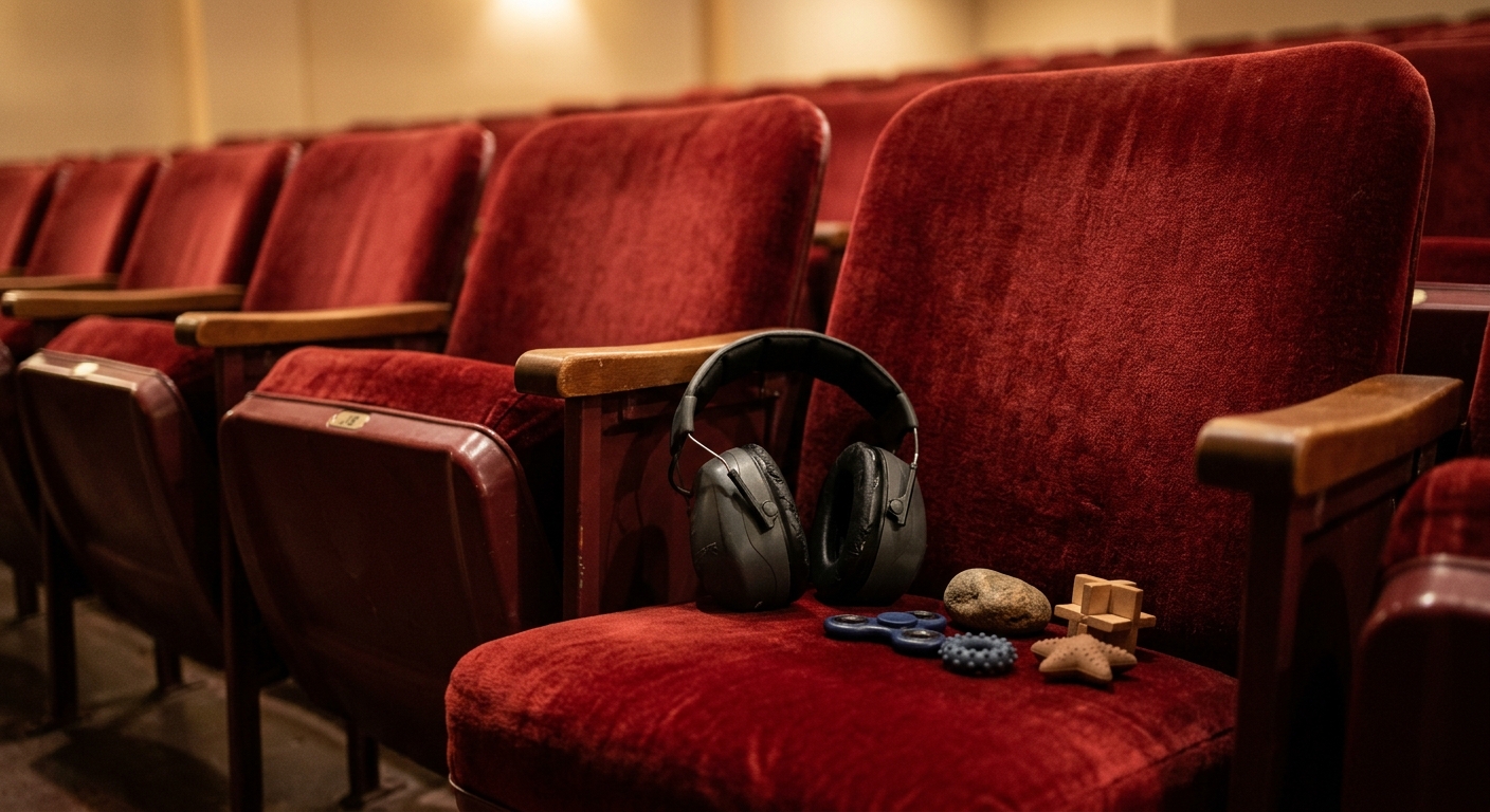 a pair of noise-reducing earmuffs and small textured sensory objects resting on a red velvet chair inside a community theater auditorium, soft house lights illu