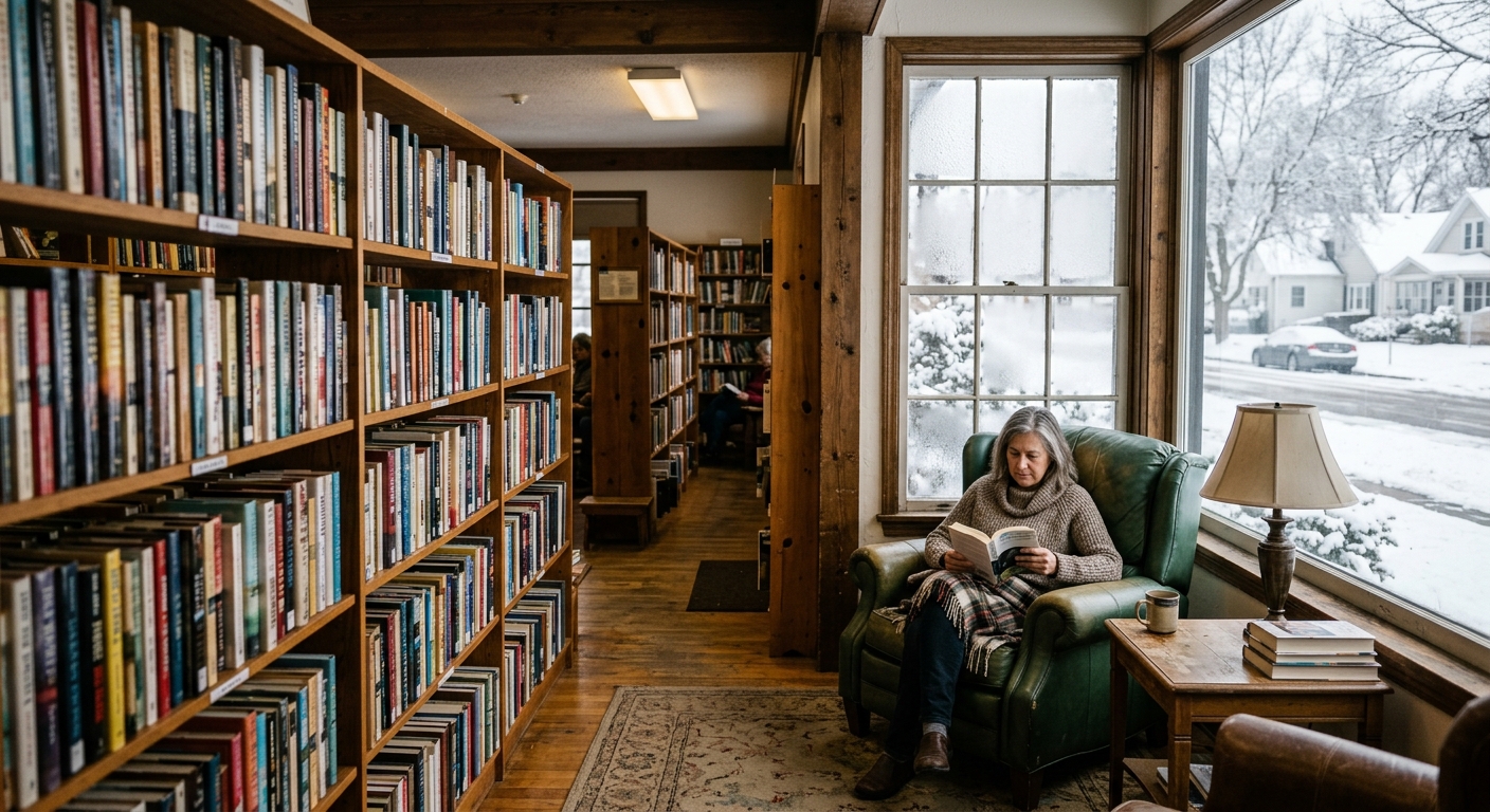 a cozy community library interior, featuring rows of wooden bookshelves with colorful book spines, a comfortable armchair, and a frosted window showing a snowy