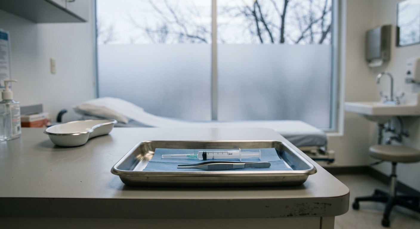 a sterile stainless steel medical tray resting on a light gray clinical counter, holding a single clean medical syringe and a small surgical tool in a modern do