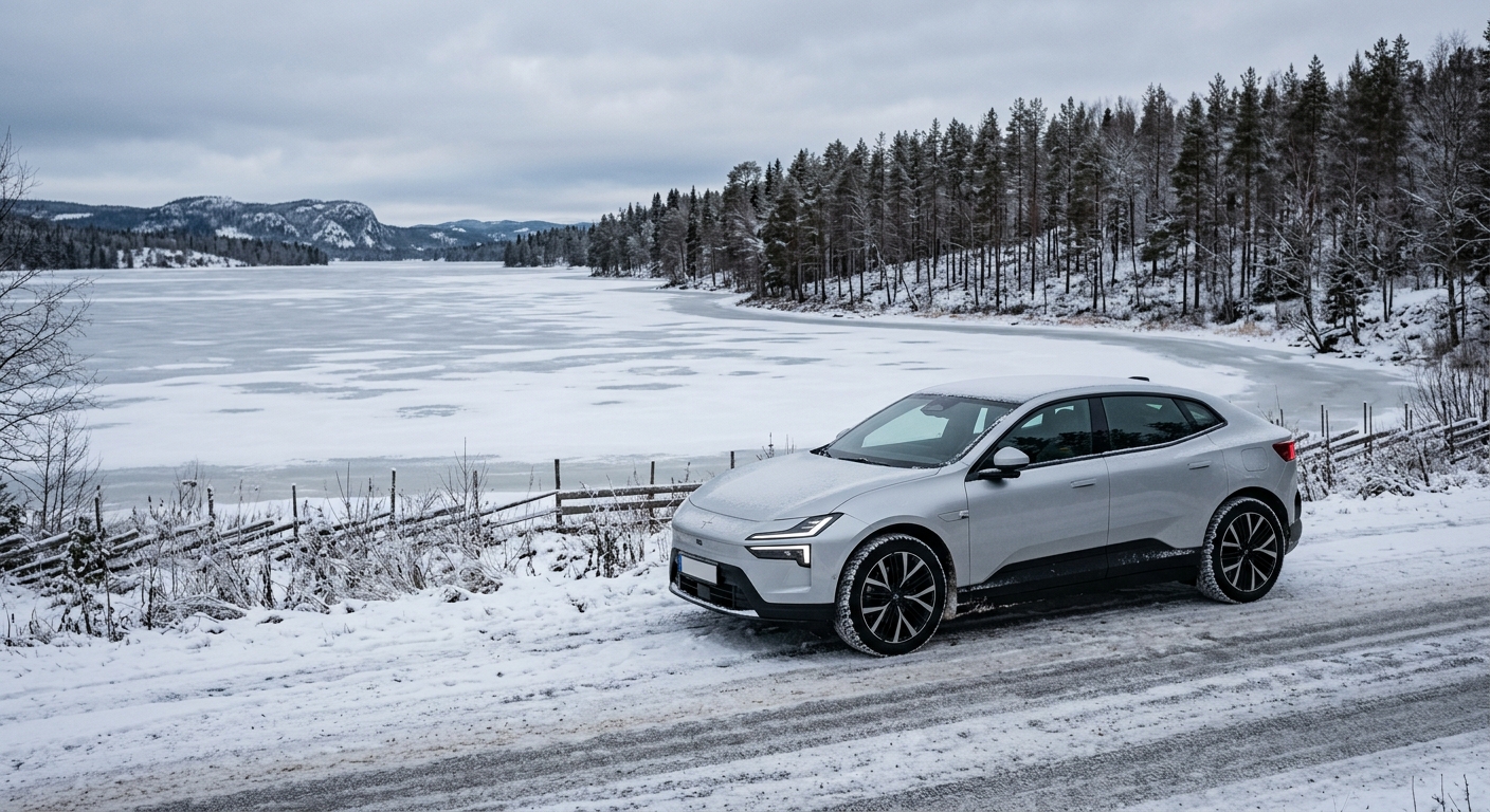 a sleek modern electric vehicle parked on a snow-dusted street near a frozen lake lined with bare pine trees, natural everyday lighting, shot on a DSLR camera,