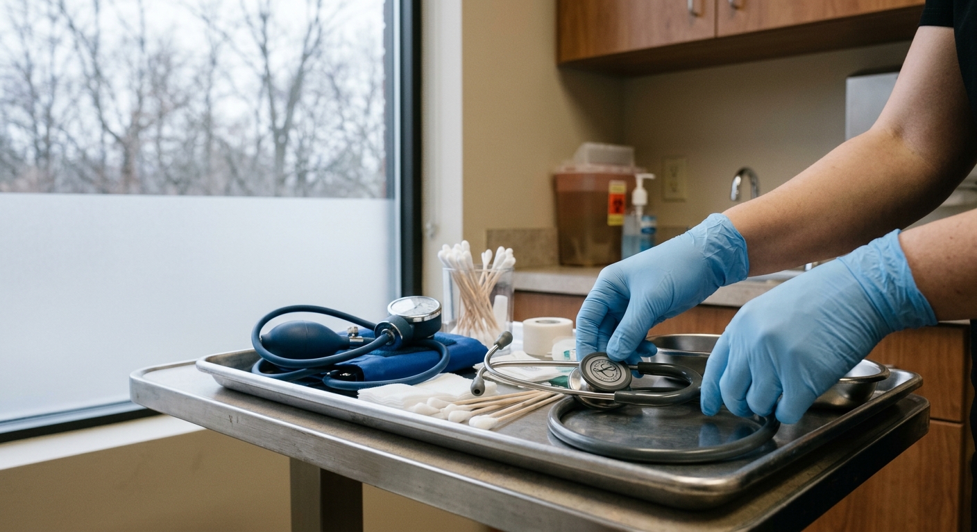 a pair of hands wearing light blue medical gloves organizing a stethoscope, cotton swabs, and a blood pressure cuff on a stainless steel medical tray inside a m