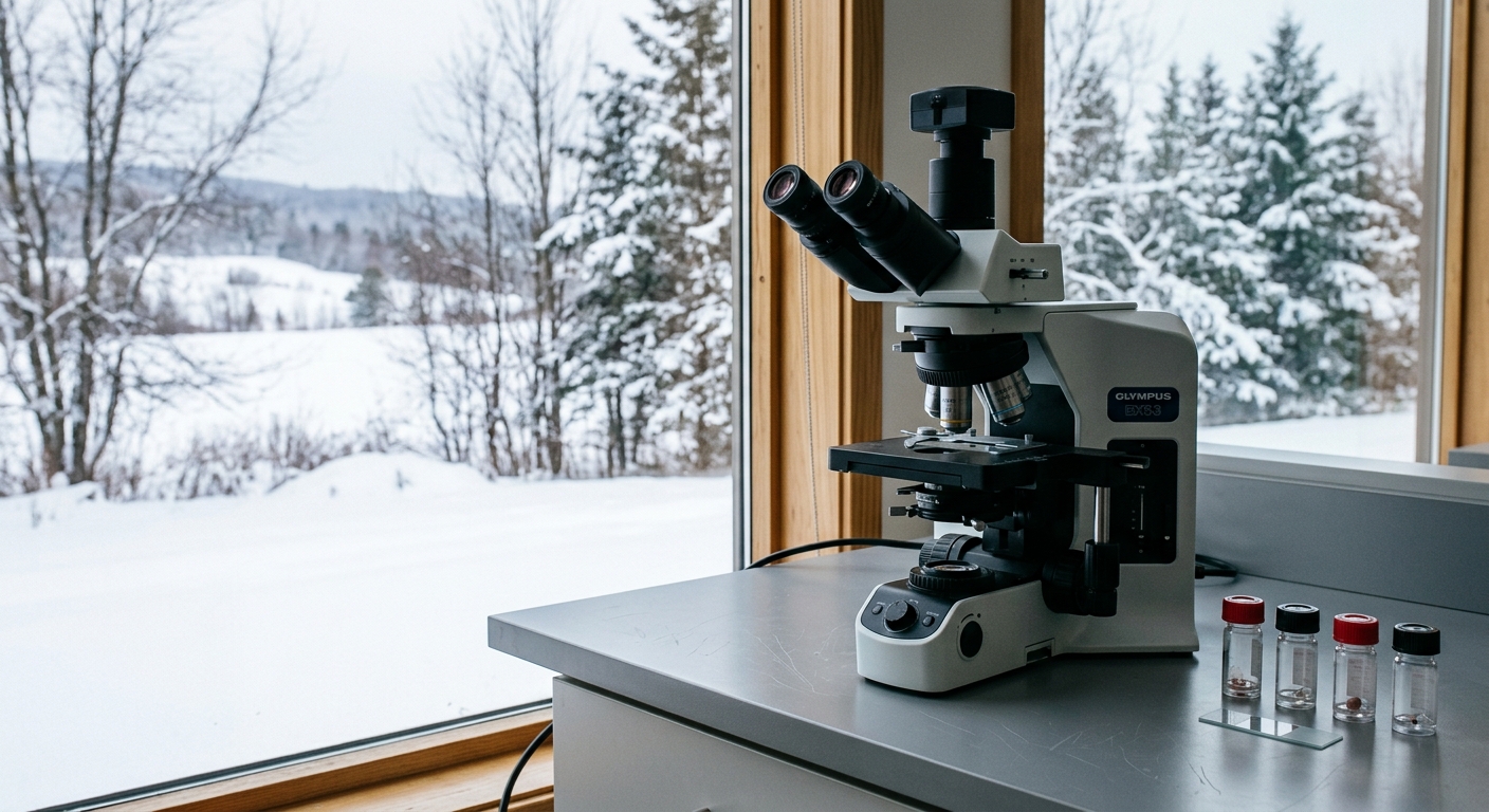 a modern medical microscope sitting on a clean counter next to a few small clear glass biopsy vials, positioned near a large window revealing a snowy landscape