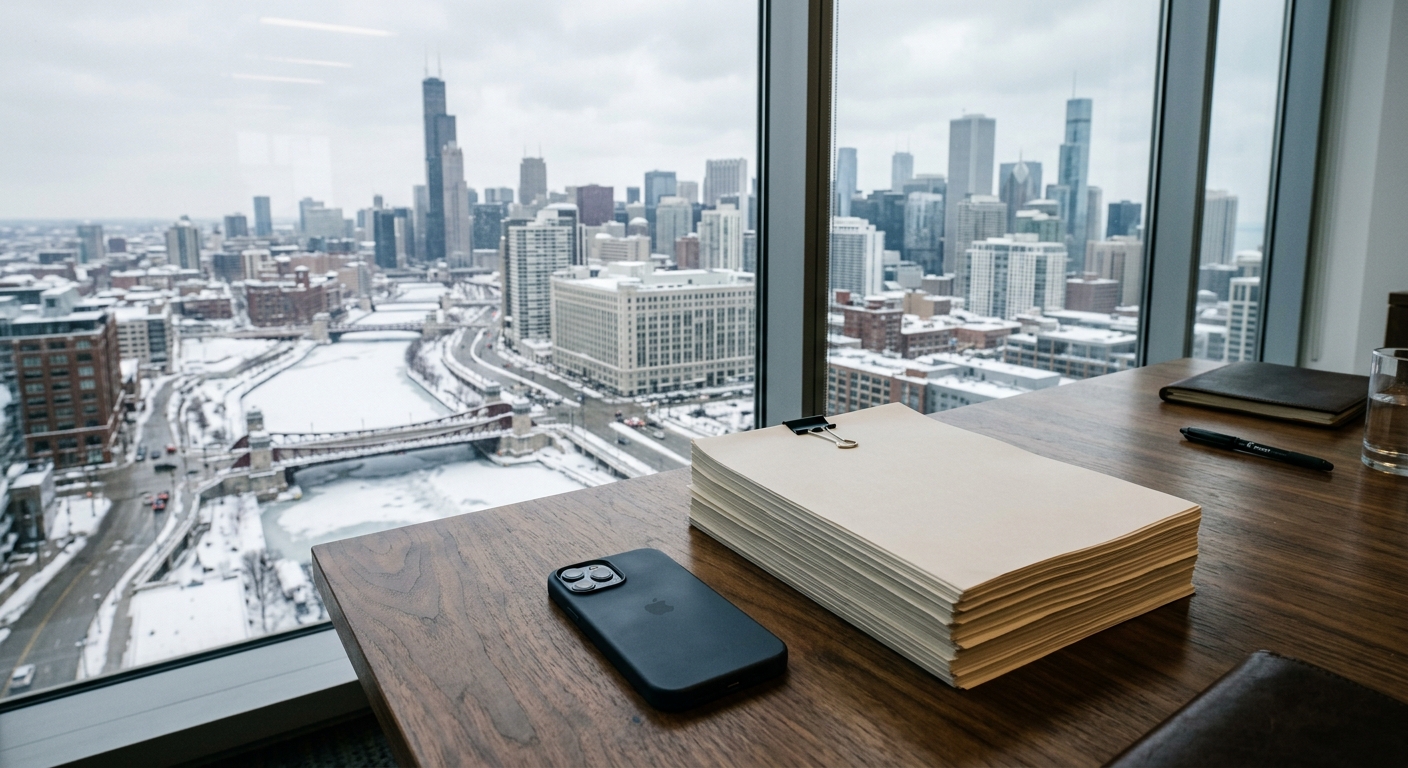 a smartphone lying next to a thick stack of blank legal briefs on a wooden conference table in a high-rise office, with a snowy midwestern city skyline and a fr