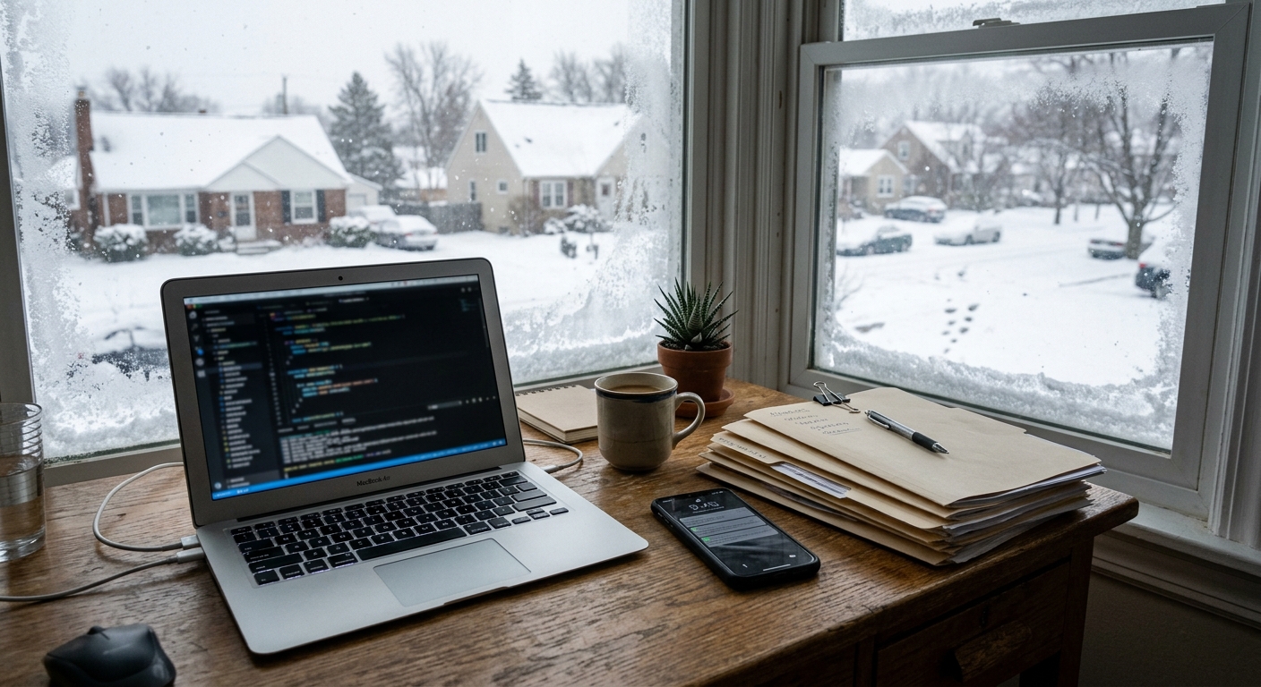 a glowing laptop and a smartphone on a wooden desk next to a stack of manila folders in a home office, with a frost-covered window looking out onto a snowy subu
