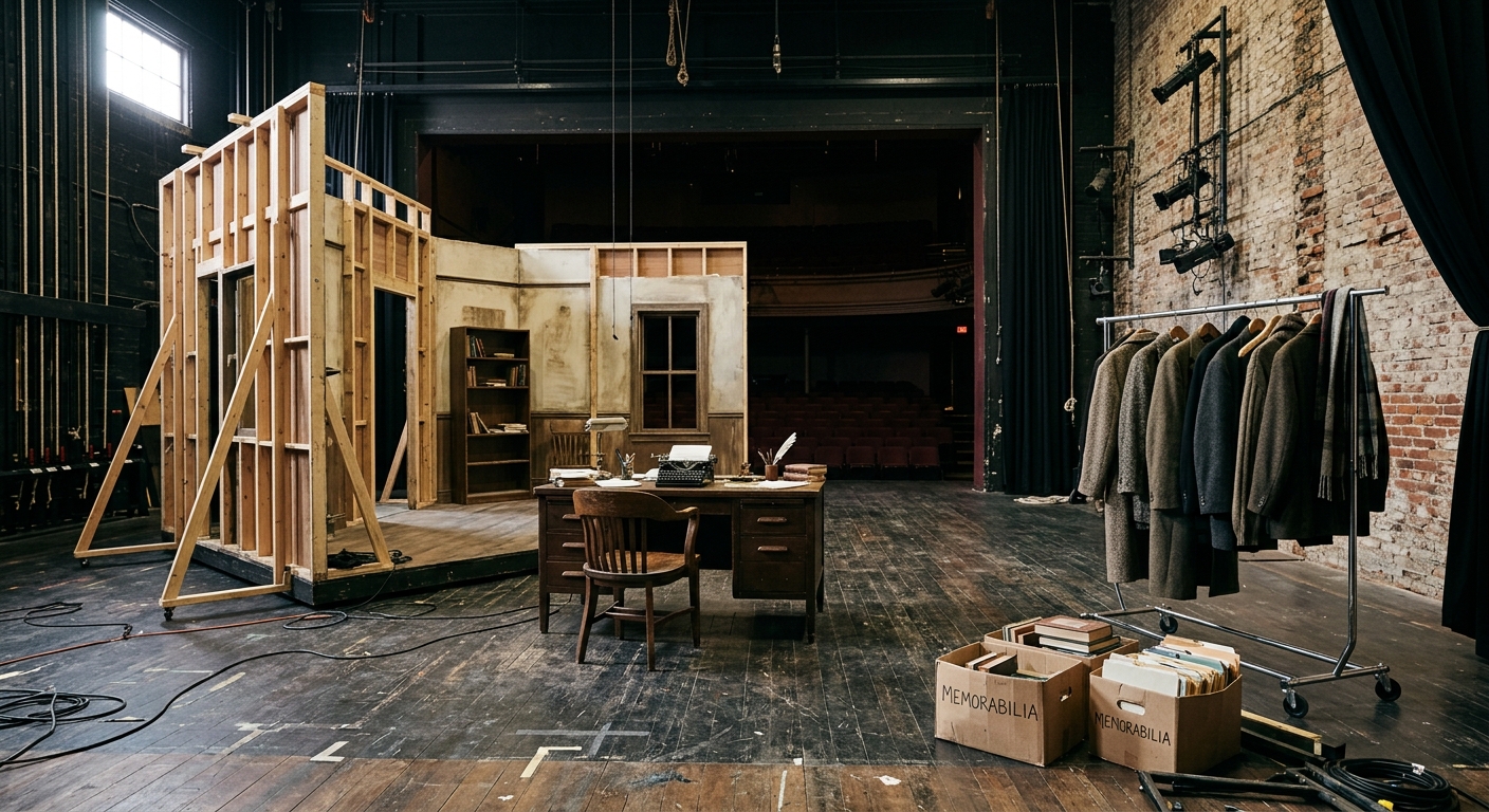 an empty theater stage featuring a partially constructed set resembling a vintage home office with a wooden desk and a single chair, heavy winter coats hanging