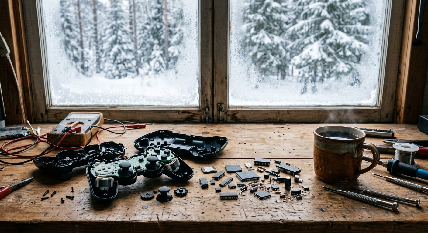 a partially disassembled generic video game controller and bare computer microchips on a wooden workbench, resting next to a warm mug, with a frosted window in