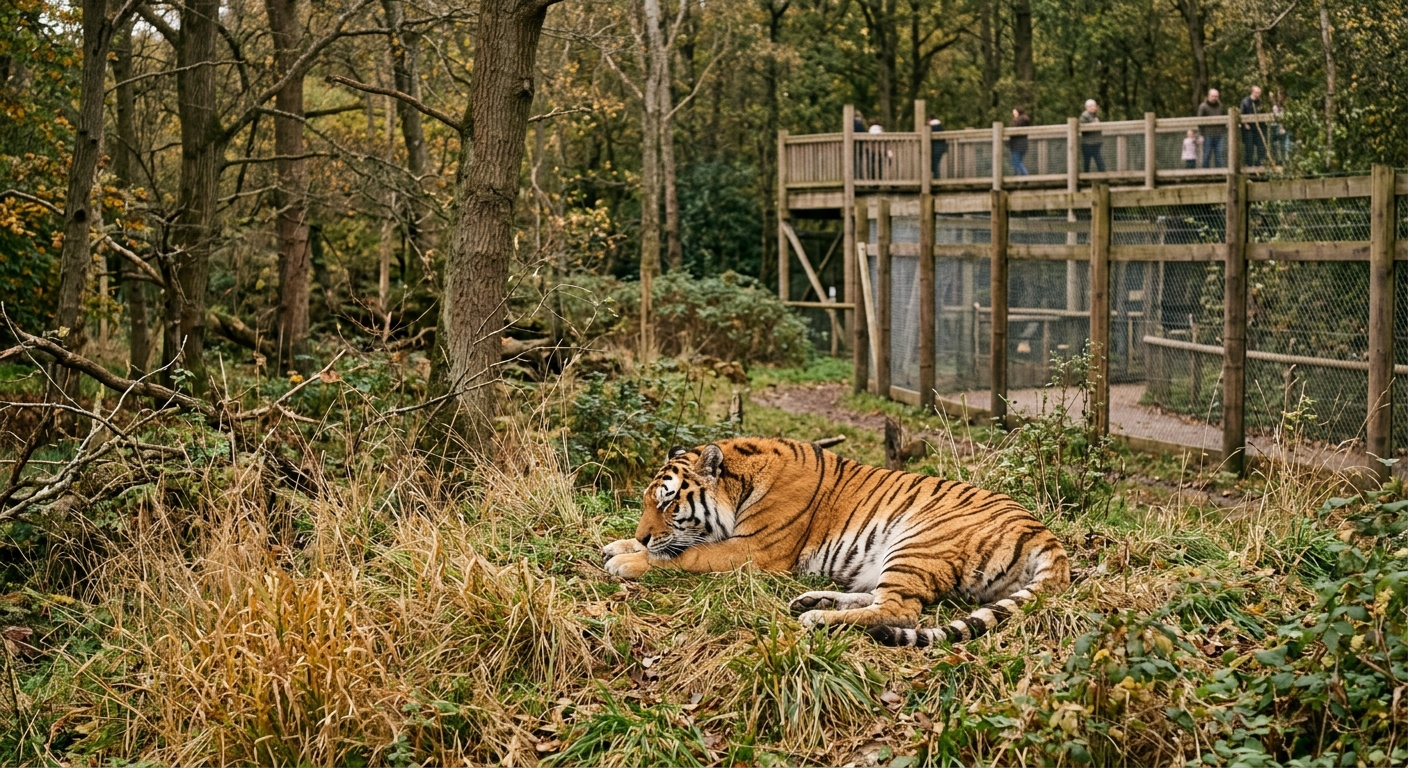 an Amur tiger resting in a grassy, wooded wildlife park enclosure, with a tall wooden safety fence and an elevated viewing walkway visible in the background, na