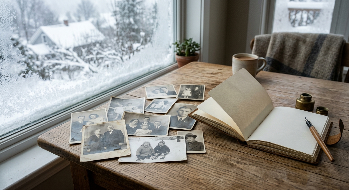 a collection of vintage, faded black-and-white family portraits and an open, blank notebook resting on a wooden dining table near a frosted window looking out a