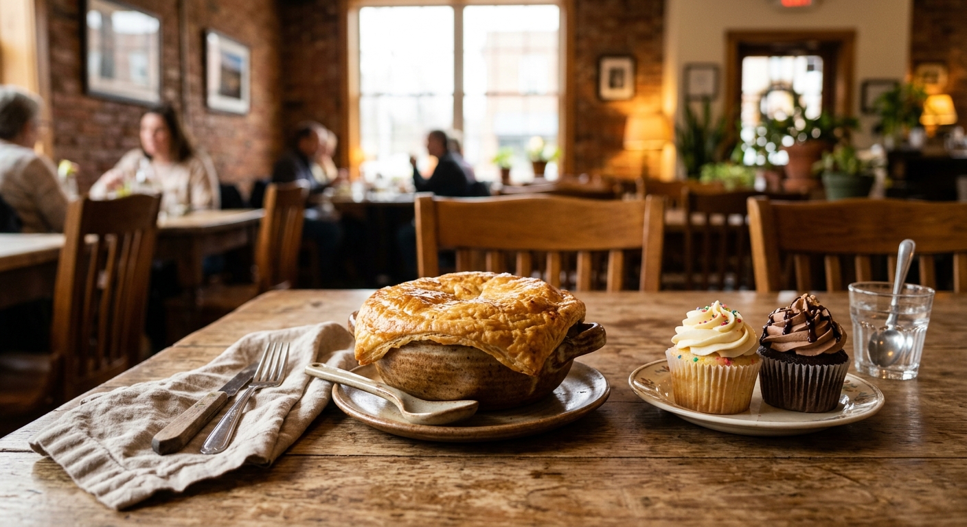 a rustic wooden table in a cozy Midwestern neighborhood restaurant featuring a freshly baked homemade chicken pot pie in a ceramic dish alongside two frosted cu