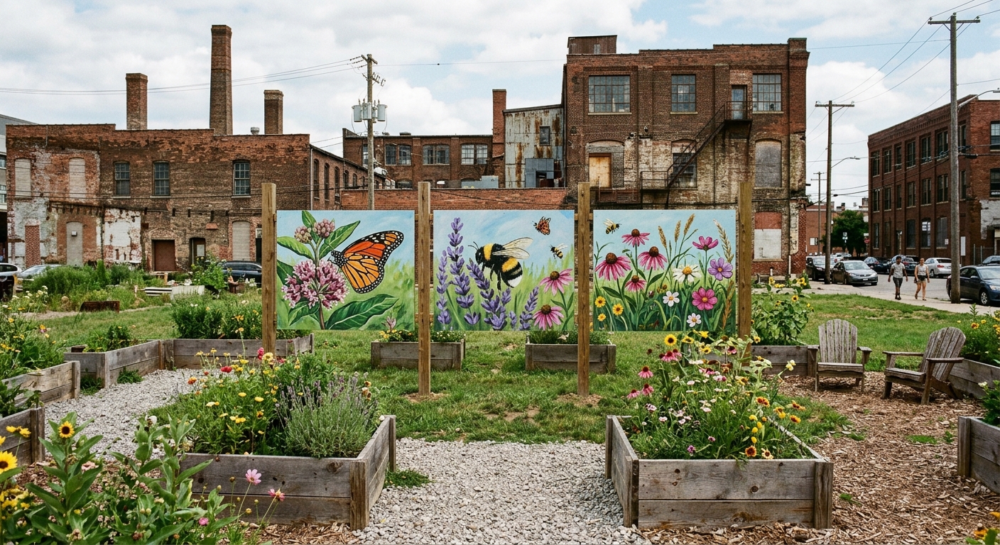 a community public art installation in a vacant urban lot, featuring large painted wooden panels displaying botanical imagery of local flowers and pollinators,