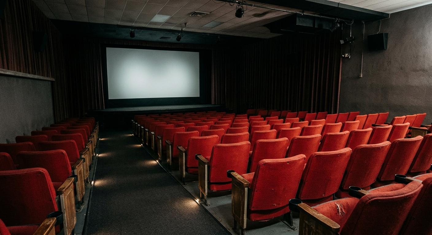 empty red fabric seats inside a small community movie theater, a faint glow from a blank projection screen illuminating the room, natural everyday lighting, sho