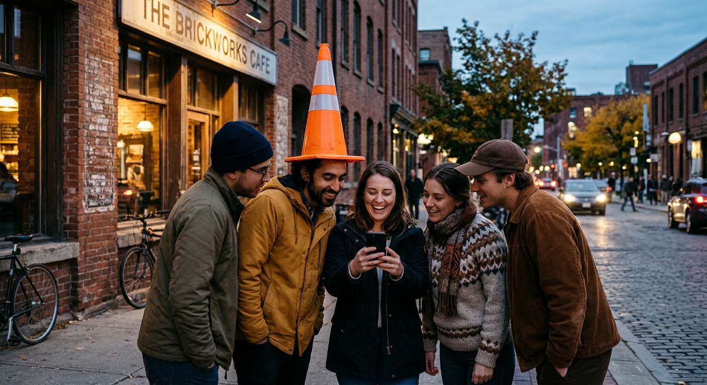 a group of friends in casual autumn jackets gathered outside a classic brick storefront in a downtown warehouse district at dusk, looking closely at a smartphon