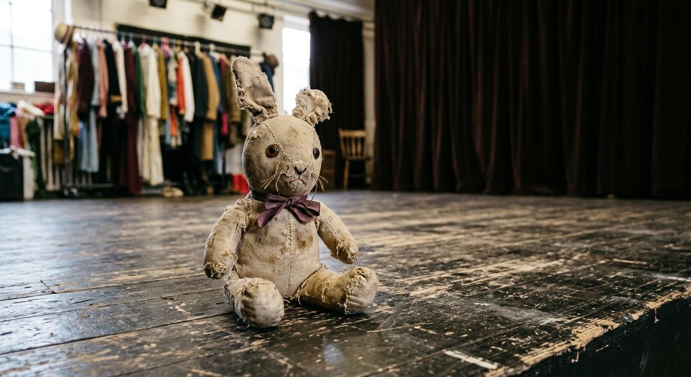 a vintage toy rabbit prop resting on a scuffed wooden stage floor in a local community theatre, with a blurred costume rack and heavy curtains in the background