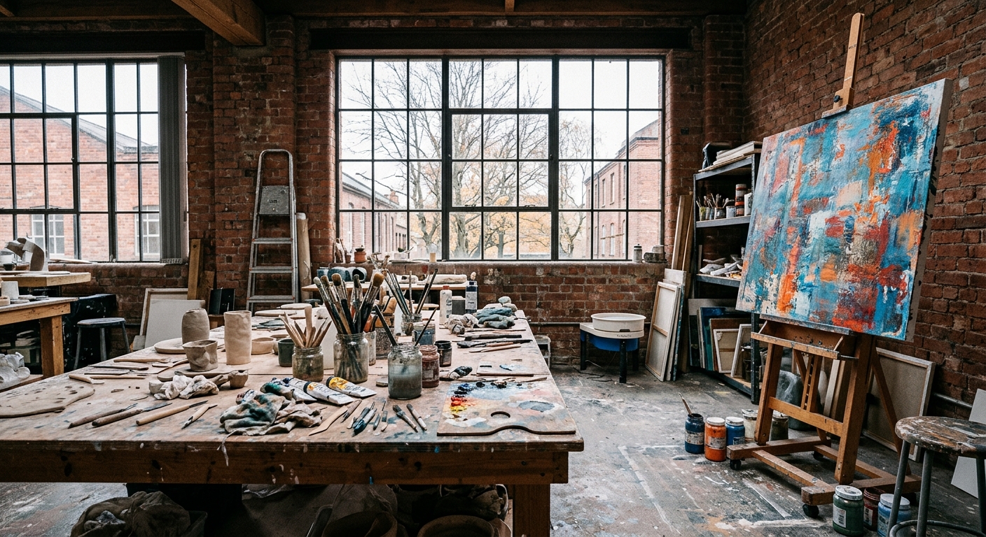 a working art studio inside a converted industrial brick warehouse, featuring a messy wooden table covered in scattered paintbrushes, clay pieces, and woodworki